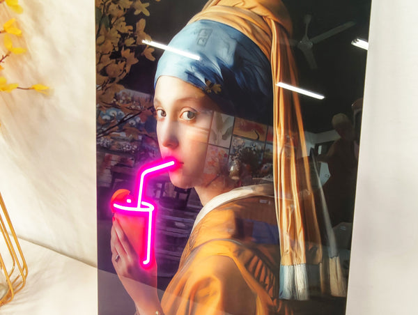 English Elm 24X16 Neon Style Led Wall Art – Illuminated Girl With Pearl Earring Acrylic Print For Modern Spaces T3976P383261