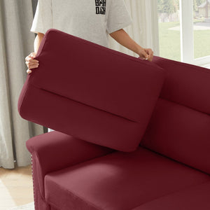 English Elm 82" Chesterfield Snowfleece Upholstered 3-seat Sofa Nailhead Trim Plush Living Room Burgundy W1359P386020