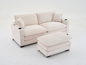 English Elm L Shape Sofa Couch With Usb Port & Cup Holder, Stylish Corduroy 2-Seater In Beige For Small Spaces W2100S00140