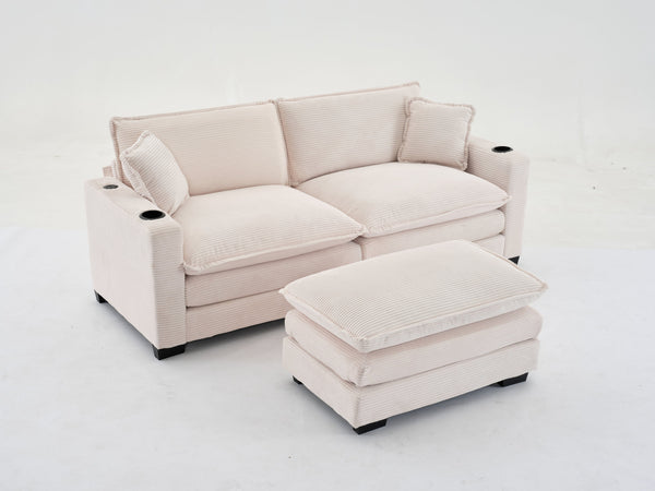 English Elm L Shape Sofa Couch With Usb Port & Cup Holder, Stylish Corduroy 2-Seater In Beige For Small Spaces W2100S00140