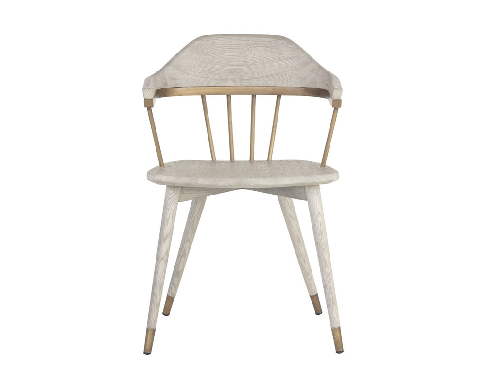 Sunpan DEMI Dining Armchair – Elegant Grey Upholstered Chair with Solid Oak Base & Antique Brass Accents 107288