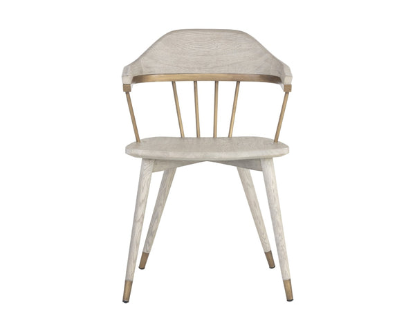 Sunpan DEMI Dining Armchair – Elegant Grey Upholstered Chair with Solid Oak Base & Antique Brass Accents 107288