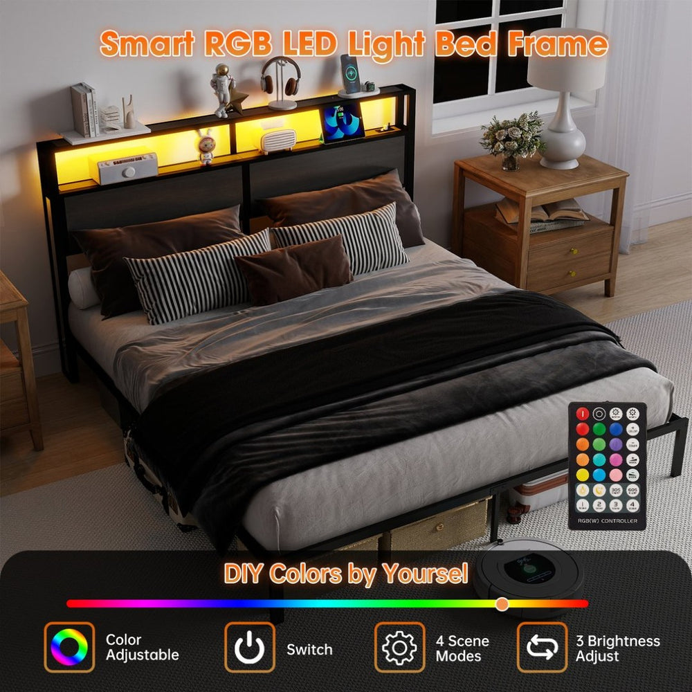 English Elm Queen Metal Platform Bed with Rgb Led Headboard Charging Station and Underbed Storage T3963P483808