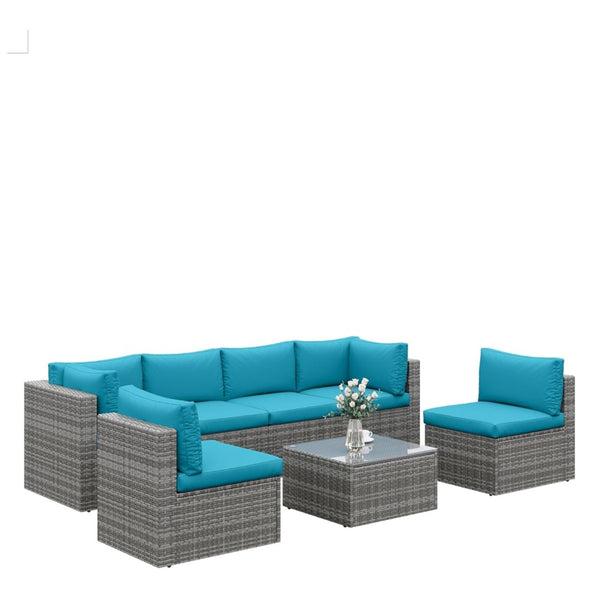 English Elm 7-piece Outdoor Modular Sectional Pe Wicker Patio Set with Tempered Glass Coffee Table Grey+Blue B082S00064