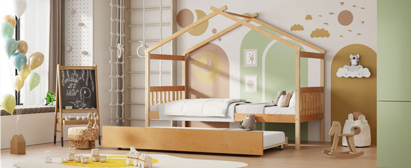 English Elm Twin House Bed Solid Pine Cottage Frame with Pull Out Trundle for Kids Bedroom Natural N708P309238M