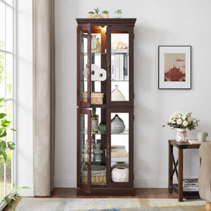 English Elm Lighted Glass Curio Display Cabinet with Quiet Hinge, Internal LED Lighting, Adjustable Shelves, Vintage Carved Handle Cherry W2275P199810