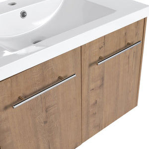 English Elm 30 30 Inch Soft Close Vanity with Resin Sink, Open Shelf Storage & Rust‑Resistant Metal Handles, KD-Pack W999P188194