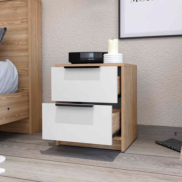 English Elm Washington Nightstand White & Light Oak with Two Large Drawers, Shelf, Metal Pulls, Compact Storage Elegance B128P148839