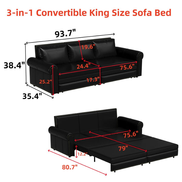 English Elm Chesterfield Velvet King Sleeper Sofa with Nailhead Trim and Rolled Arms for Living Room Black W1885S00358