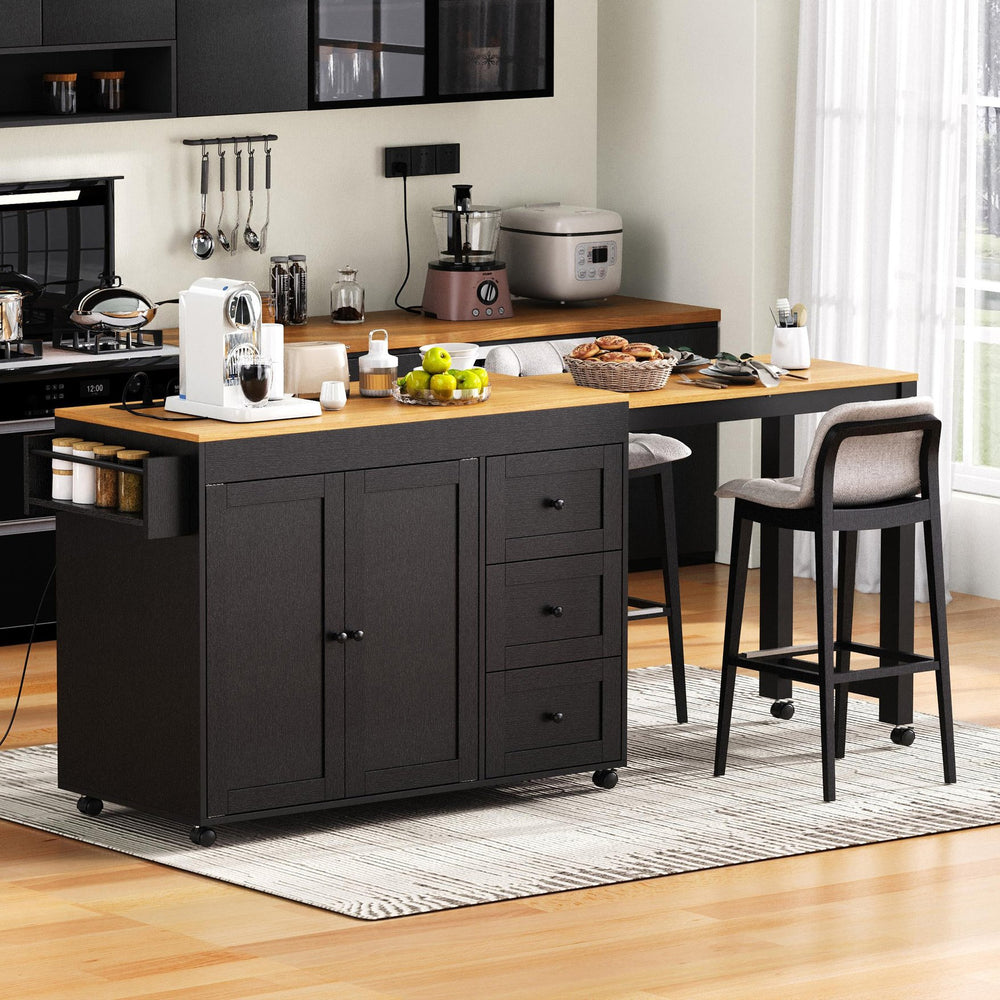 English Elm K&K 43.3" Kitchen Island with 27.6" Extendable Dining Table, Power Outlet, 7 Wheels, Ample Storage Black N707P303401B