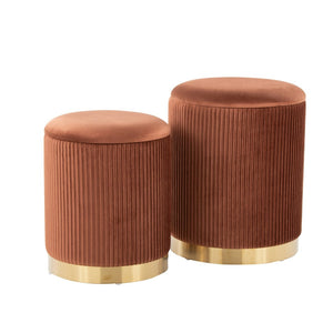 English Elm Nesting Pleated Velvet Ottoman Pair with Polished Gold Base Glam Living Room Accent B202P471509