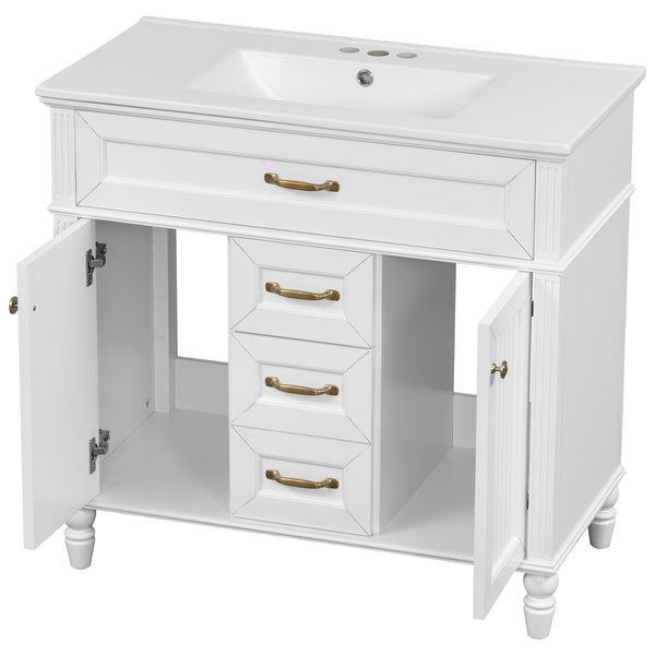 English Elm 36 Inch Bathroom Vanity with Ceramic Sink, Durable MDF & Solid Wood Frame, Soft-Close Doors, Luxe Handles, Ample Organized Storage, Modern Freestanding Design White N725P314034K