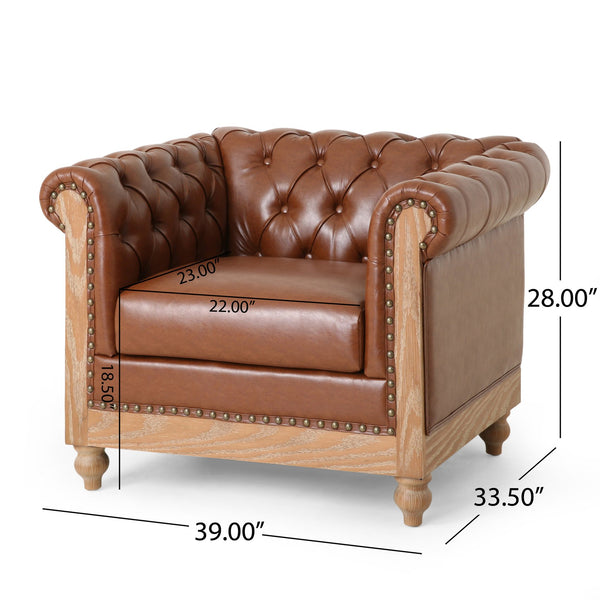 English Elm Christopher Knight Home® - CLUB Club Chair Chesterfield-Inspired Tufted PU Upholstery with Nailhead Trim, Scrolled Arms, Turned Legs Light Brown 39.25 L x 34.25 W x 25 H 72069.00COGN