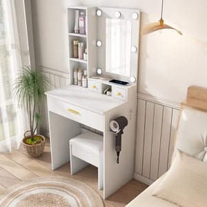 English Elm Vanity compact dressing desk with LED mirror, 3-color dimmable lights, drawers, stool, outlet White W2699P345800