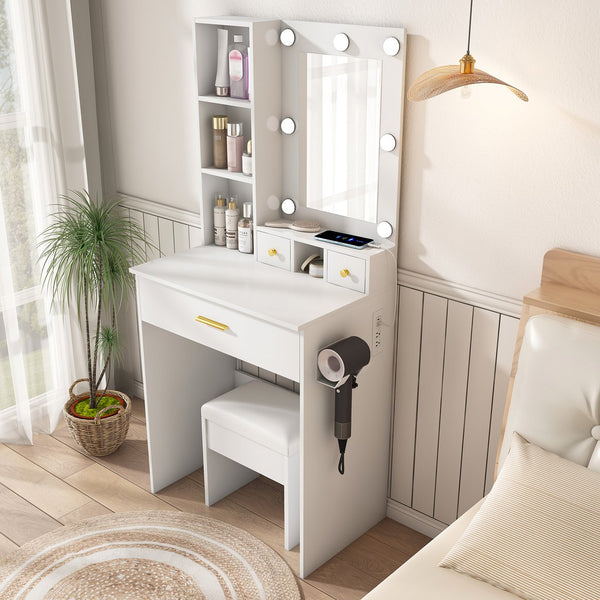 English Elm Vanity compact dressing desk with LED mirror, 3-color dimmable lights, drawers, stool, outlet White W2699P345800