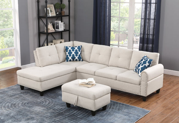 English Elm Black Faux Leather Sectional Sofa with Cup Holders Storage Ottoman and Nailhead Trim Beige B2730S00024