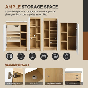 English Elm 4-piece Light Oak Bathroom Set with Ceramic Sink and Dual-tone Storage Cabinets W3450S00112