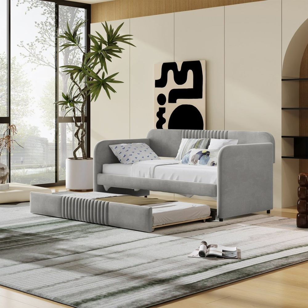 English Elm Upholstered Velvet Twin Daybed with Pull Out Trundle Sofa for Guest or Kids Room LP100127AAE