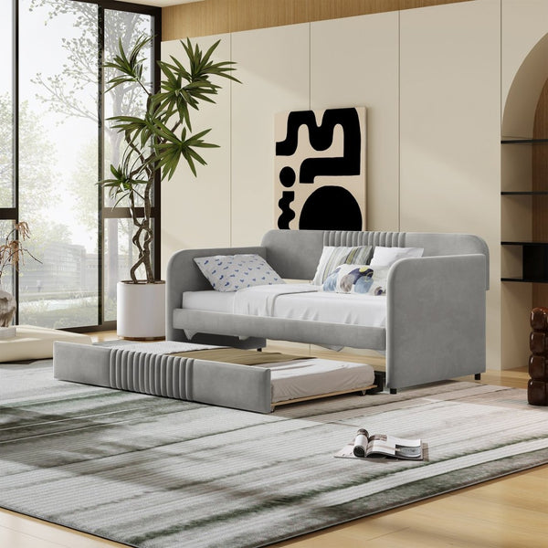 English Elm Upholstered Velvet Twin Daybed with Pull Out Trundle Sofa for Guest or Kids Room LP100127AAE