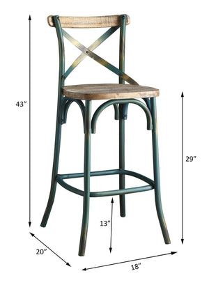 English Elm Antique Metal Frame Bar Chair with Wooden Seat and X Backrest, Vintage Dining Stool with Footrest Antique Turquoise 20.5 L x 44.5 W x 6.5 H B2741P325718