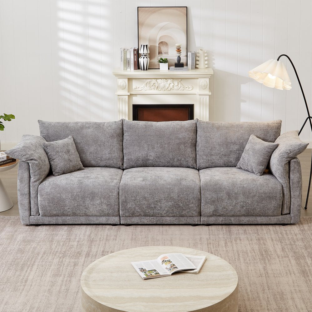 English Elm 98.5" 3-seater sofa with upholstered armrests and plush cushions, modern linen sofa with high weight capacity Grey W1193S00143