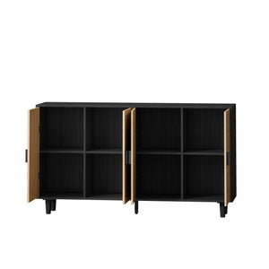 English Elm 62.20"Elegant 4-Door Rattan Storage Cabinet with Solid Wood Legs, Black, Spacious Shelves & Easy Assembly W757P174987