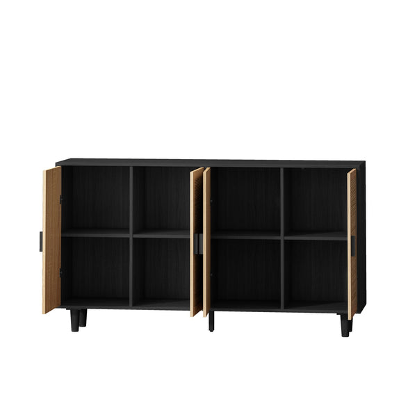 English Elm 62.20"Elegant 4-Door Rattan Storage Cabinet with Solid Wood Legs, Black, Spacious Shelves & Easy Assembly W757P174987