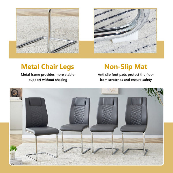 English Elm Table and Chair Set Oval Glass Top Twin Column Base with Six Pu Leather Seats Dark Gray,Silver,Transparent W1151S04734