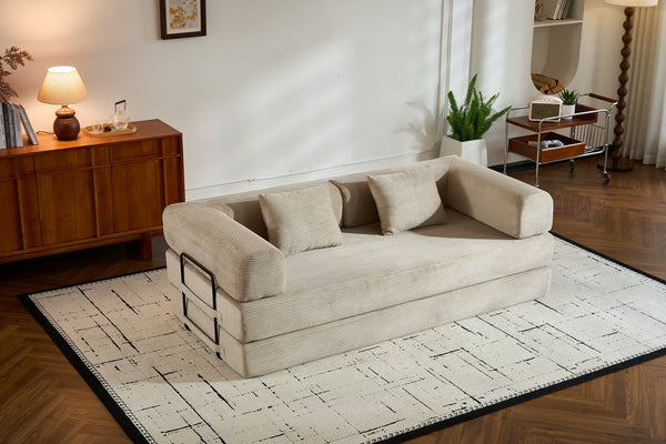 English Elm Convertible Sleeper Sofa Bed with Corduroy Upholstery, 4‑in‑1 Folding Couch Mattress, Space‑Saving Lounge Beige W3434P346244