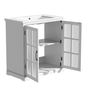 English Elm Christopher Knight Home® - 30" Modern Bathroom Vanity with Ceramic Sink, Tempered Blurred Glass Doors, Rubber Wood Frame Storage White N817P279904W