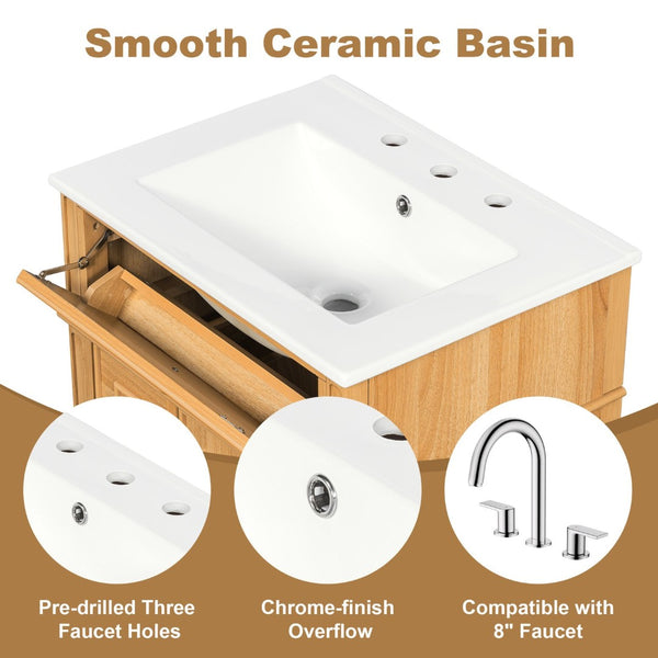 English Elm 24" Solid Pine Bathroom Vanity Cabinet with Ceramic Sink Soft Close Drawers N725P375500N