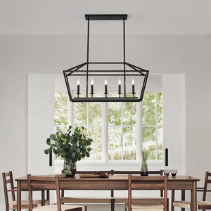 English Elm 5-light Industrial Farmhouse Chandelier Matte Black Metal Linear Pendant for Kitchen Island W5008P465021
