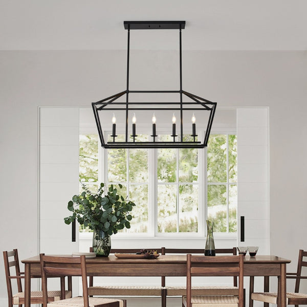 English Elm 5-light Industrial Farmhouse Chandelier Matte Black Metal Linear Pendant for Kitchen Island W5008P465021