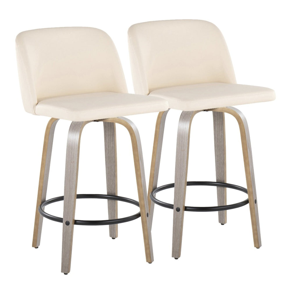 English Elm Toriano 26" Swivel Counter Stool Set Of 2 In Cream Faux Leather & Light Grey Wood For Modern Spaces B202S00425-GIGA
