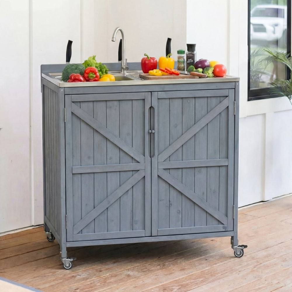 English Elm K&k Outdoor Prep Station Stainless Steel Top Fir Wood Cabinet with Drawer and Wheels N707P370281G
