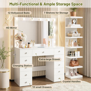 English Elm Vanity Desk Hollywood Led Mirror 11 Drawers 7 Tier Shelving White Glam Mdf N704G202309K