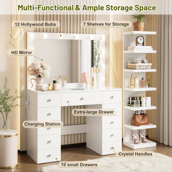 English Elm Vanity Desk Hollywood Led Mirror 11 Drawers 7 Tier Shelving White Glam Mdf N704G202309K