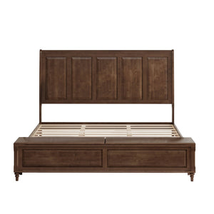 English Elm Queen Sleigh Bed Solid Rubberwood Walnut Finish Curved Headboard Footboard Storage Bench Walnut Brown W1716S00036