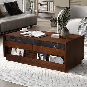 English Elm U-Can Stylish Rectangle Coffee Table With 4 Drawers & 2 Shelves, Elegant Fluted Design For Living Room N724P286421D-GIGA