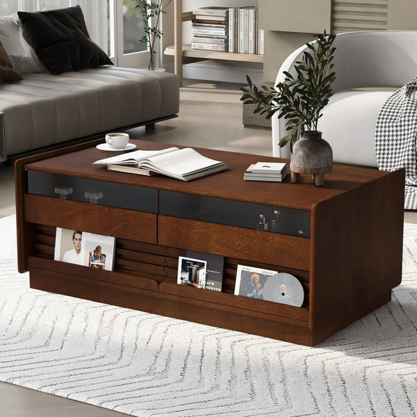 English Elm U-Can Stylish Rectangle Coffee Table With 4 Drawers & 2 Shelves, Elegant Fluted Design For Living Room N724P286421D-GIGA
