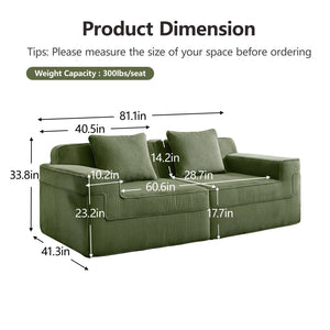 English Elm Modular Boneless 2-Seat Loveseat Sofa with Plush Corduroy, Deep Cloud Comfort and Removable Pillows Green W3041P353175