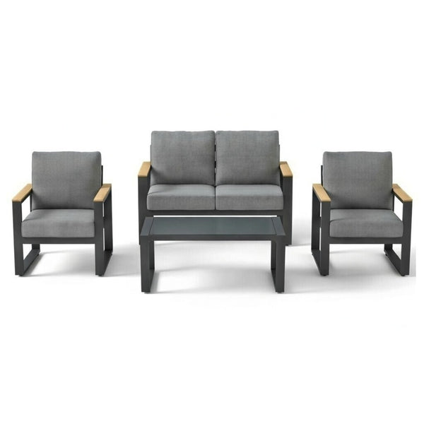 English Elm All-weather Aluminum Patio Conversation Set with Deep Cushions and Tempered Glass Table Gray B082S00113