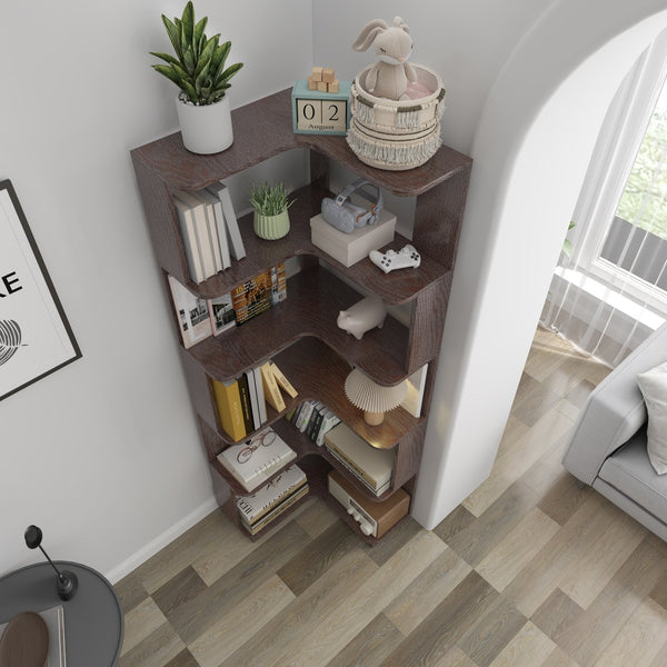 English Elm 6 Tier Freestanding L-Shaped Corner Bookshelf with Anti-Tip, Rounded Corners, 3D Wood Grain Finish Ox Blood Red W2899P372514