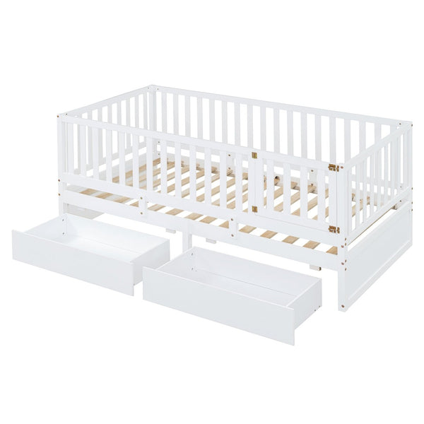 English Elm Twin Pinewood Daybed with Fence Guardrails Splits Into Two Floor Beds Storage White LP100881AAK
