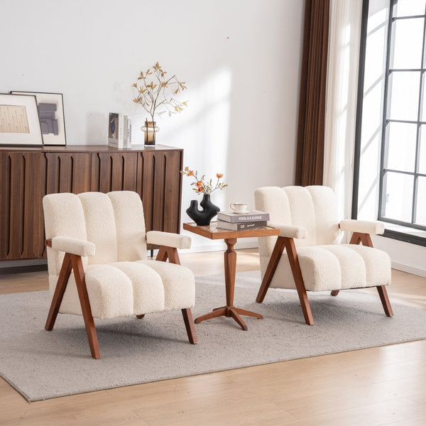 English Elm Mid-century Modern Chenille Lounge Chair Set Oak Frame Cloud Silhouette Living Room Beige W1170S00052
