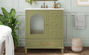 English Elm 30" Freestanding Bathroom Vanity Solid Wood Cabinet Ceramic Basin 3 Drawer Storage Green W1580P382512