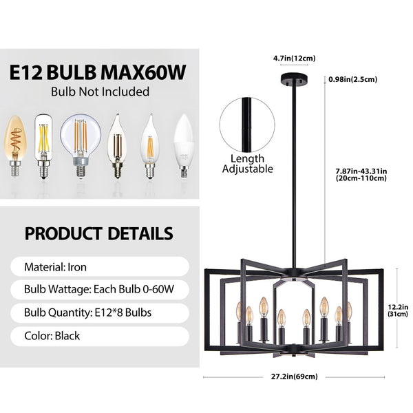 English Elm 27" Eight Light Matte Black Iron Geometric Chandelier for Dining and Living Spaces W1340P279980
