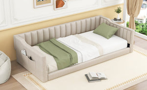 English Elm Twin XL Upholstery Daybed with Vertical Channel Tufting, Velvet Fabric, Slat Support & Side Storage Pocket for Guests Beige DL002210AAA