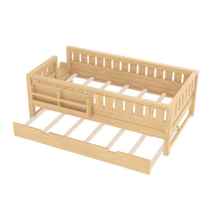 English Elm Twin Kids Platform Bed with Trundle Staircase Bookshelf and Rounded Safety Rails Light Natural W1580S00557