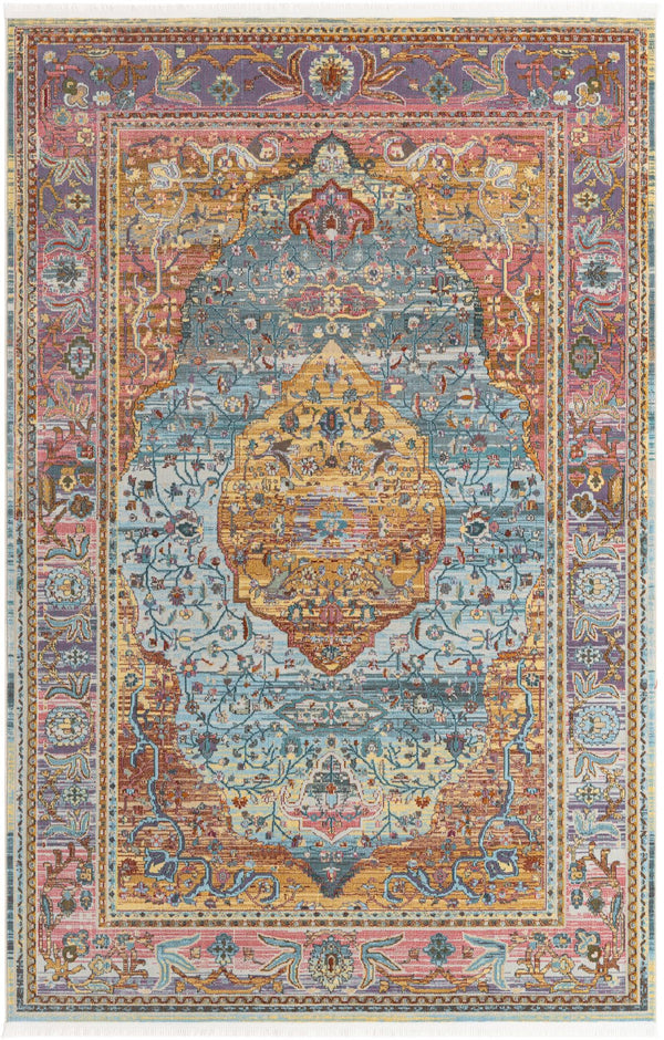 Unique Loom Baracoa Miramar Machine Made Border Rug Light Blue, Blue/Gold/Red/Purple/Olive/Yellow 6' 1" x 9' 0"